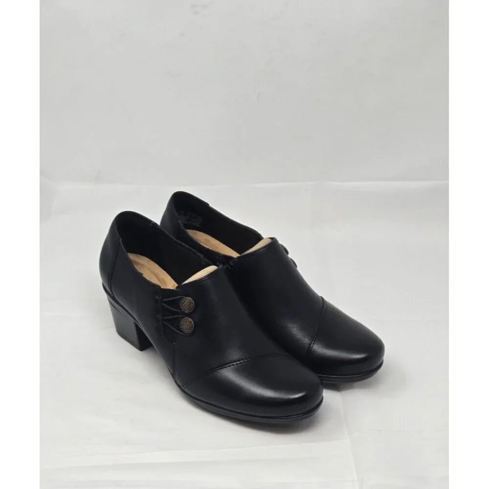 CLARKS Women's Emslie Warren black Leather Shoe Block Heel Side Zip size 8M
